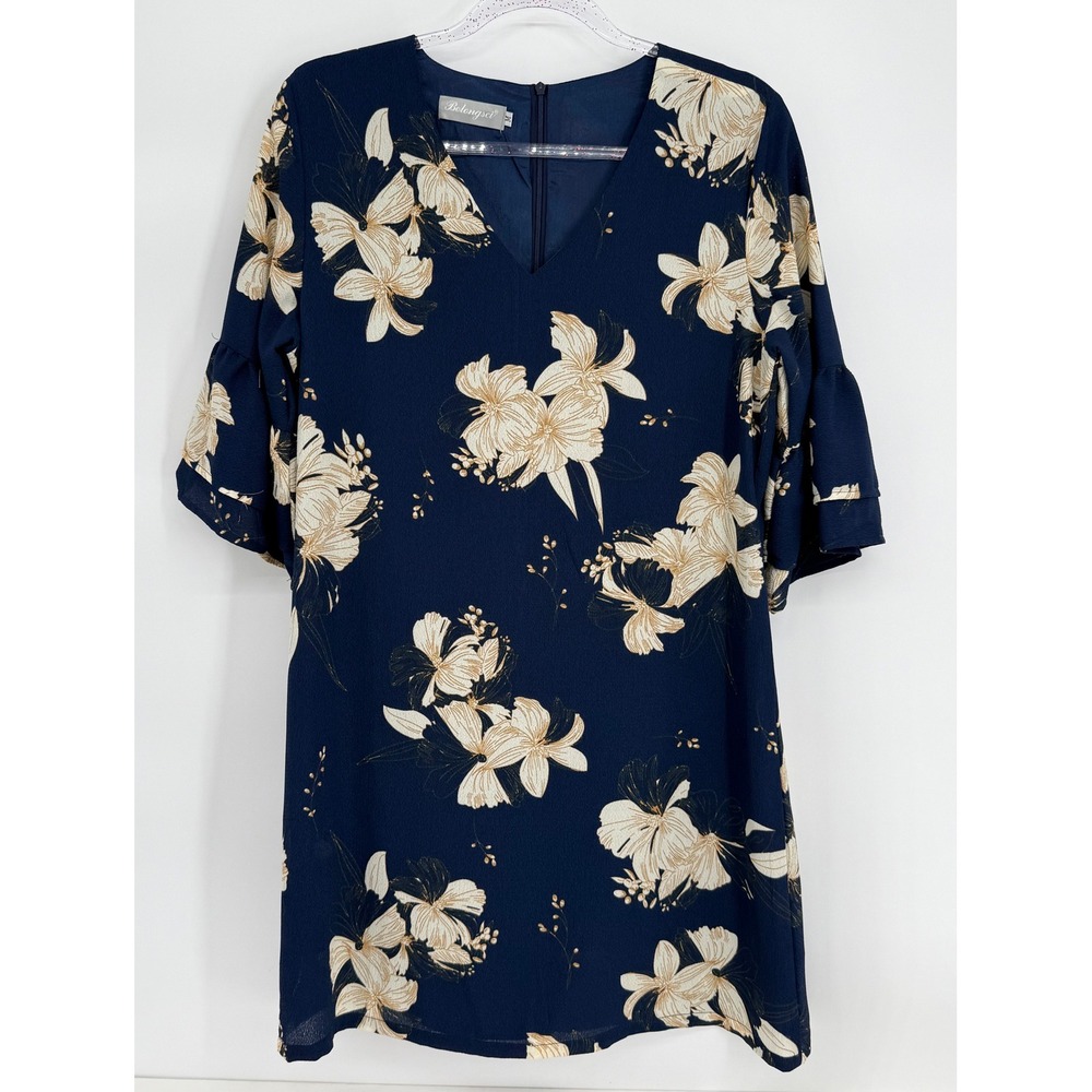 Belongsci Womens Navy Blue Floral V-Neck Bell‎ Sleeve Shift Dress Sz M
